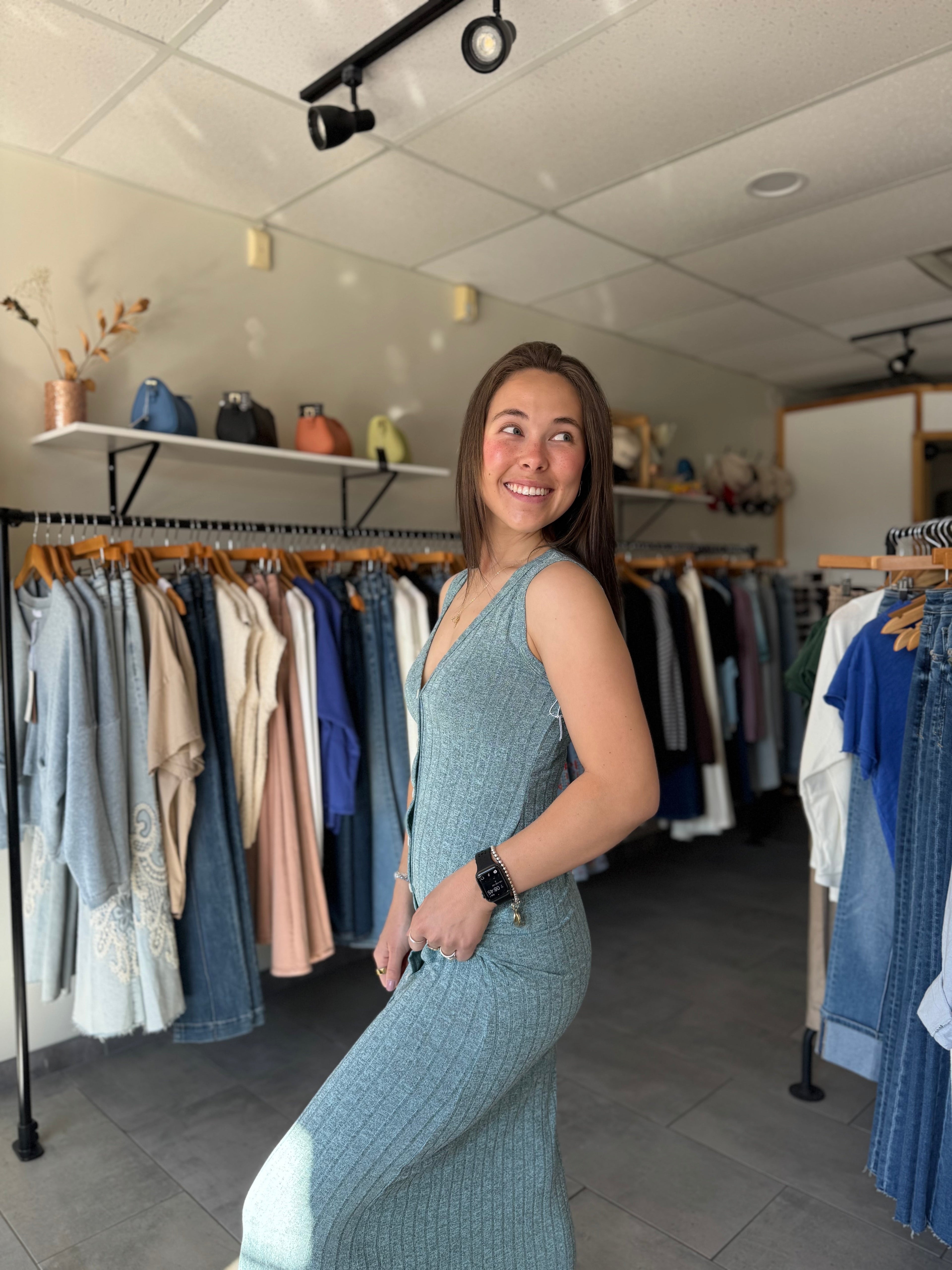 Sutton Ribbed Button Dress | Heather Seafoam
